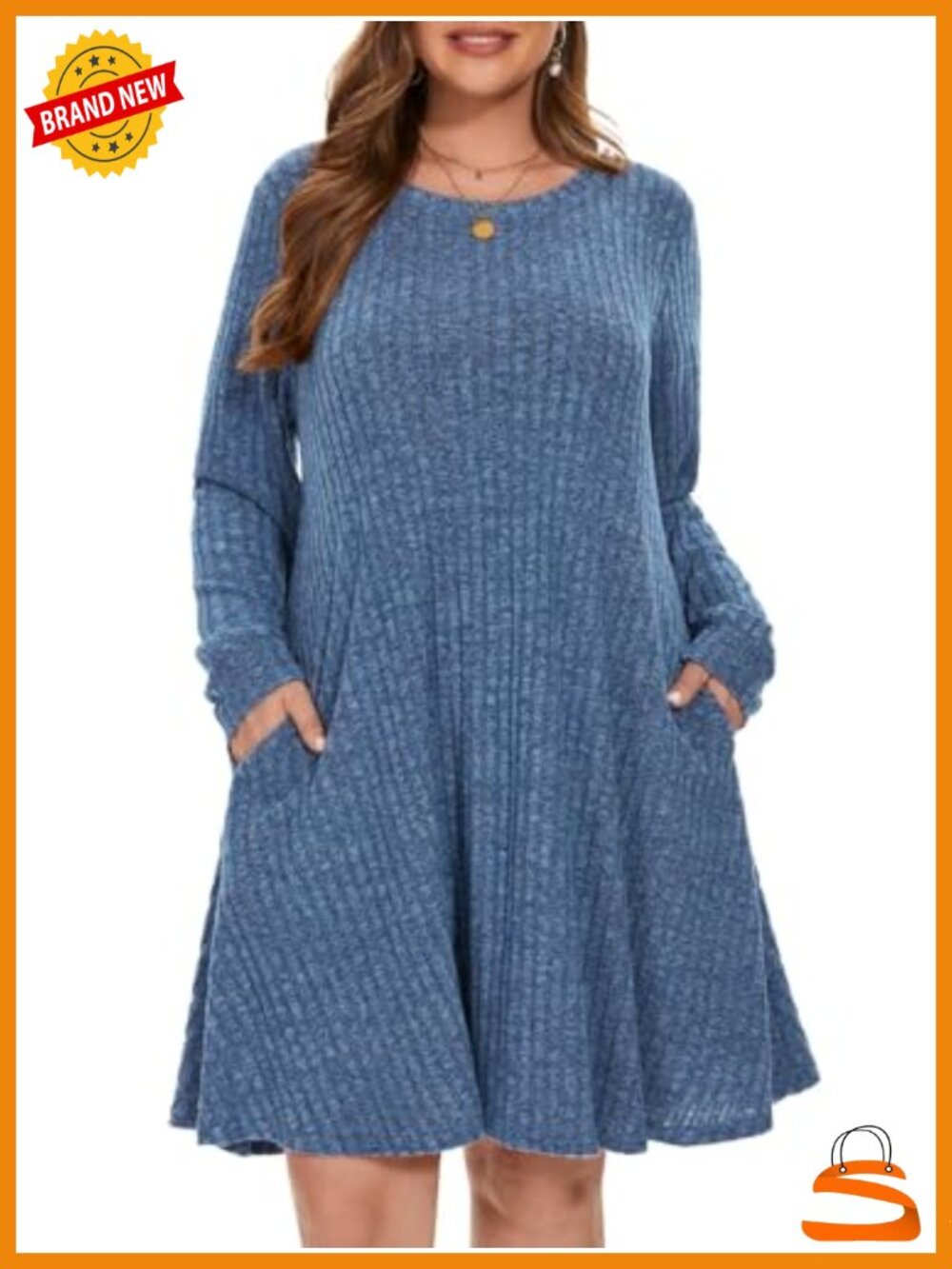 Plus Size Crew Neck Long Sleeve Sweater Dress Knee Length